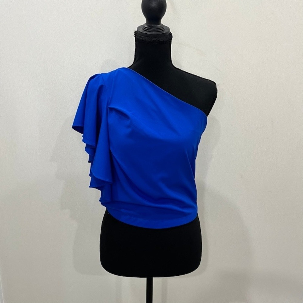 Royal Blue One Shoulder Ruffle Sleeve Blouse Cobalt Asymmetrical Party Top Sz M